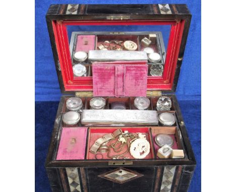 Collectables, Jewellery, a Victorian toiletry box inlaid with mother of pearl (in need of some refurbishment) containing some