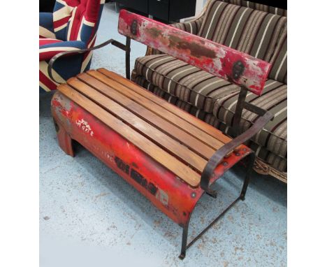 GARDEN BENCH, made from a tractor bonnet in red distressed finish, 123cm L. 