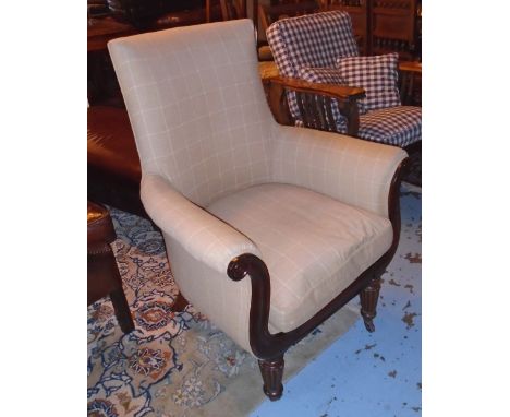 LIBRARY CHAIR, William IV with light brown check upholstery, mahogany showframe on reeded front supports, 79cm W x 68cm D x 1