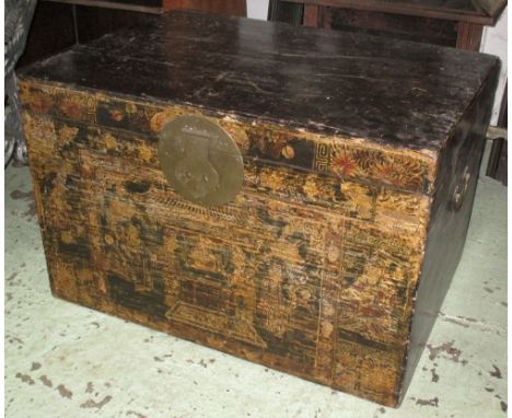 TRUNK, Chinese with decoration to front and rising lid, distressed, 95cm x 62cm x 64cm H.