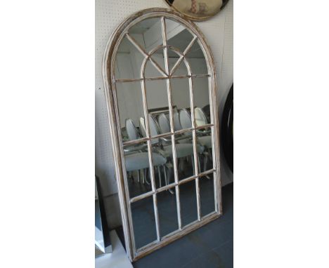 ARCHITECTURAL MIRRORS, a pair, with domed top on wooden frame in distressed painted finish, 170cm x 90cm. (2)