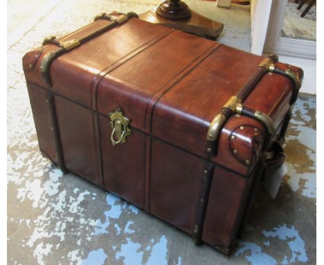 TRUNK, Ralph Lauren style tan leather with metal clad wooden bindings, 75cm x 47cm H.