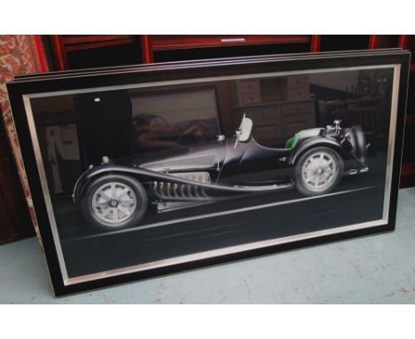 PRINT, of a Bugatti in a glazed frame, 92cm x 171cm.