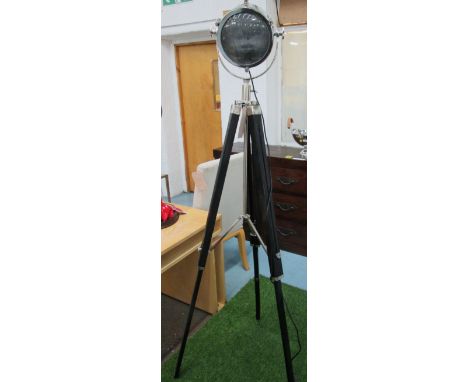 STUDIO LAMP, polished chrome adjustable lamp and tripod stand complete with electrics, 183cm H.