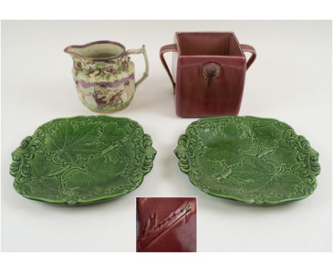 SUNDERLAND LUSTRE JUG, embossed putto & masted sailing ships, 12cm H; a red glazed Moorcroft vase, 12.5cm H; and a pair of 19