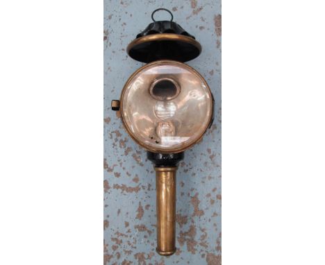 COACH LAMP, brass with glass front, 42cm H. (to be sold on behalf of Trinity Hospice)