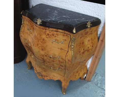 BOMBE COMMODE, with marble top in marble veneer with ormolu style mounts, 89cm x 51cm x 96cm H. 