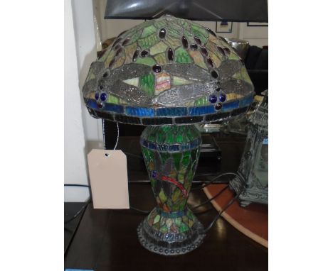 TIFFANY STYLE LAMP, having dragonfly stained glass in lead mounts, 45cm H. (Continental plug)