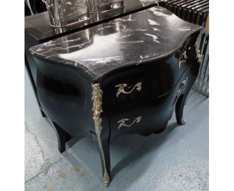 COMMODE, bombe style with two drawers below in black lacquer finish and a marble top, 102cm x 53cm x 84cm H. 