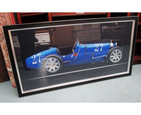PRINT, of a blue Bugatti, 92cm x 172cm. 