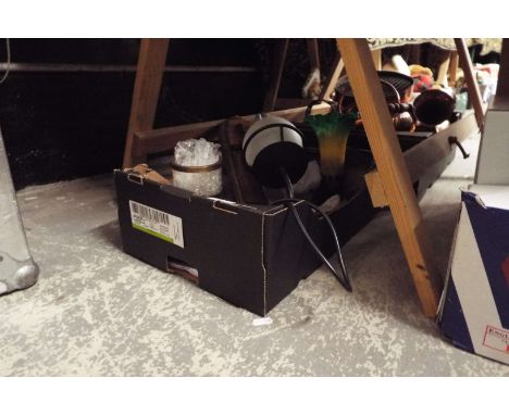 A box of assorted lamps to include chamber stick