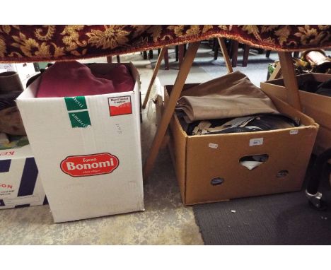 Two boxes of curtains, fabric and zips