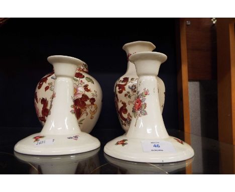 A Mason's 'Mandalay' ginger jar and vase, along with a pair of Spode floral decorated candlesticks