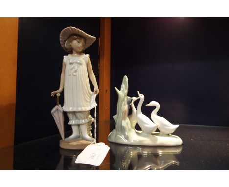 A Nao figurine of a girl with a parasol and a group of geese