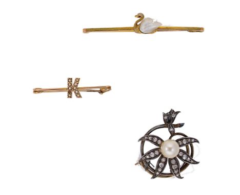 A trio of pearl brooches, first, a stylised flower with a central 8mm pearl and nine petals set with thirty two rose cut diam