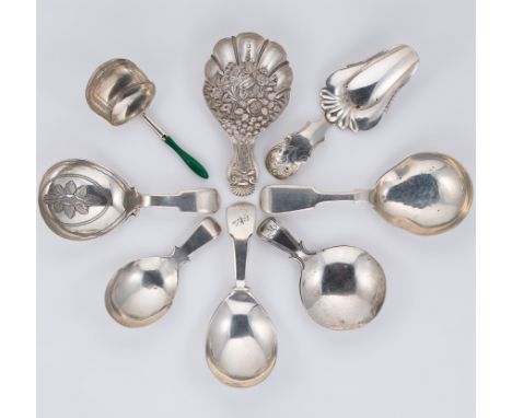 A collection of 8 silver tea caddy spoons, including a Victorian floral example, mark of Joseph Willmore, a George III shovel