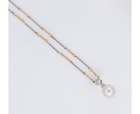 A pearl and diamond pendant with a gold and platinum chain, a teardrop shaped cultured pearl, 10 x 8.5mm, topped by a single 