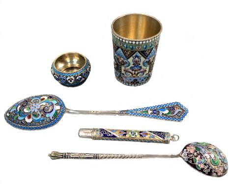 A collection of five early 20th century Russian metalwares silver and enamel objets, all struck with the second Kokoshnik mar