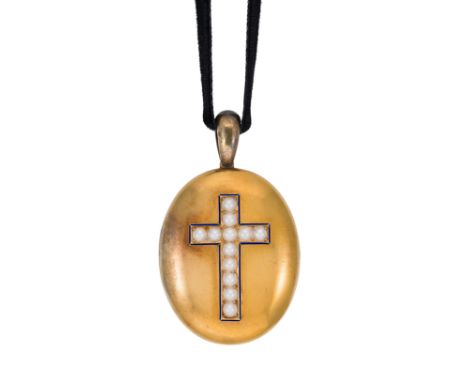 A Victorian pearl and enamel hinged locket on a velvet ribbon, of oval form, featuring a central cross set with twelve 4mm ha