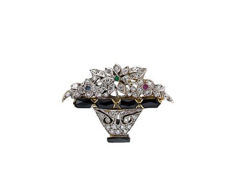 A gemset giardinetto brooch, the vase with a faceted onyx base, grain set eight cut diamonds and faceted onyx top, displaying