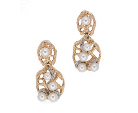 A pair of cultured pearl and diamond set ear pendants, pierced abstract design, each top section with a central round culture