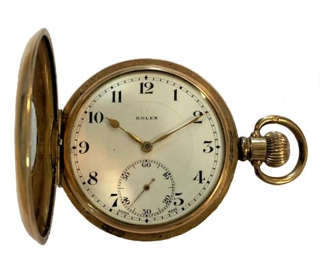 Rolex - A gold-plated half hunter pocket watch, circa 1930, the outer cover with black enamel Roman numerals and chemin de fe