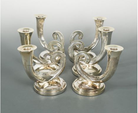 A set of six 20th century Chinese export metalwares candlesticks, mark of Yu Chang, stamped 'Sterling', each comprising a hol