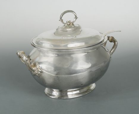 A Victorian silver-plated covered soup tureen and ladle, mark of William Spurrier Ltd, Birmingham &amp; London, of oval balus