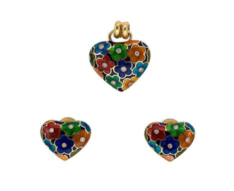 An enamel and diamond pendant and ear studs en suite, heart shaped pendant with blue, yellow, orange, green and red enamel fl