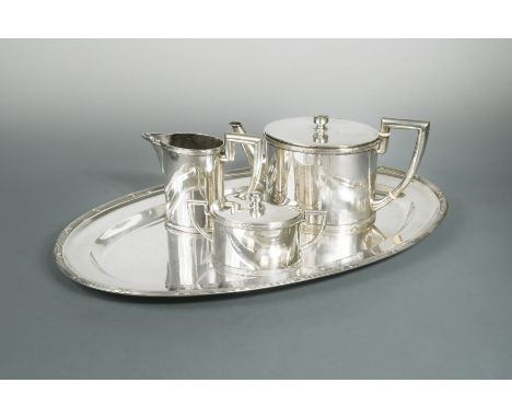 An early 20th century Austrian metalwares silver three-piece tea set and tray, mark of Alexander Sturm, Vienna, 800/1000 stan