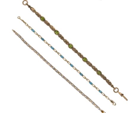 A trio of gemset bracelets, first, a bracelet with five rubover set oval faceted peridots, estimated approximate total weight