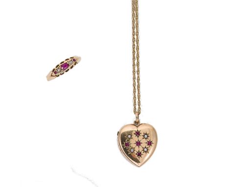 A ruby and seed pearl locket, mark of Cropp &amp; Farr, together with a ruby and diamond ring, the heart shaped locket star s