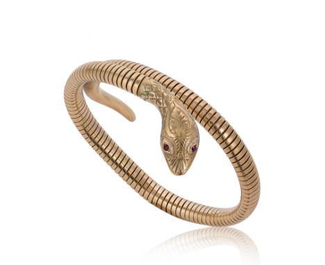 A mid-20th century 9ct gold flexible sprung snake bangle, mark of Cropp &amp; Farr, designed as a coiled snake, the carved he