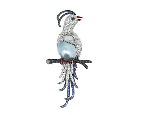 A diamond, pearl and enamel stylised bird of paradise brooch, the body, a naturally grey South Sea baroque pearl, 22 x 17mm, 