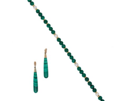 A malachite and pearl bead necklace with a pair of ear pendants en-suite, 6mm round malachite beads, spaced by gold rondels a