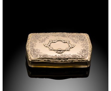 A continental metalwares snuff box, of rectangular form decorated with foliate and scroll engraving, the piano hinged cover s