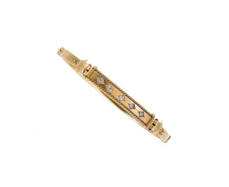 A 15ct gold Victorian diamond set hinged bangle, five grain set old brilliant cut diamonds, estimated approximate total weigh