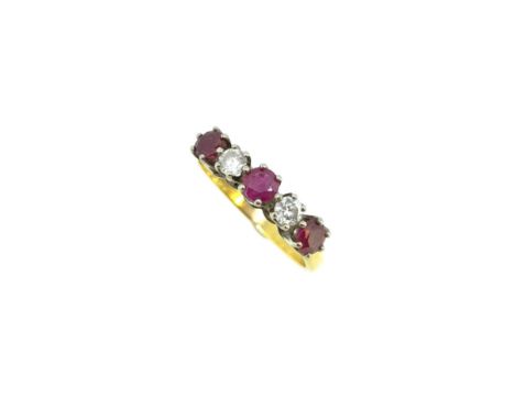 An 18ct gold ruby and diamond five stone half hoop ring, three claw set round faceted rubies, diameter 3.8mm, estimated appro