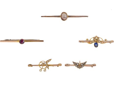 A collection of five early 20th century bar brooches, first, with a central section of seed pearls and a blue garnet topped d