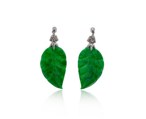 A pair of carved jade and diamond ear pendants, each with a slice of carved jade in the form of a leaf, 3 x 1.7cm, depth 1mm,