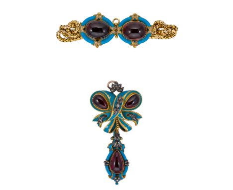 A Victorian garnet, diamond and enamel pendant and bracelet, the pendant with a stylised blue enamelled ribbon top section se
