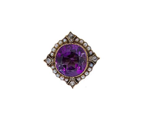 A Victorian amethyst, seed pearl and diamond brooch, central cushion shaped amethyst in a cut down setting, 14.5 x 14mm, esti