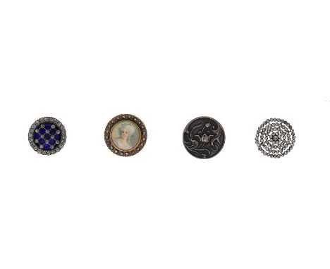 Four sets of antique ornate buttons, first set, Georgian, six with a central blue enamel and paste (2 lacking) lattice design