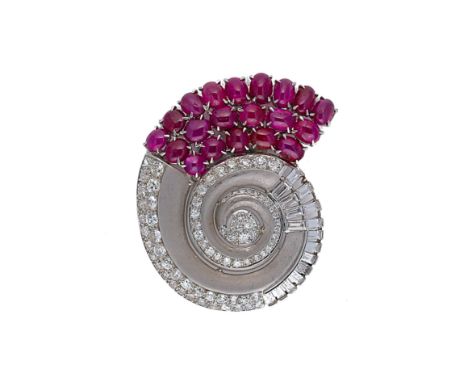 A ruby, diamond and white sapphire brooch, swirl design with twenty claw set oval and round cabochon rubies, estimated approx