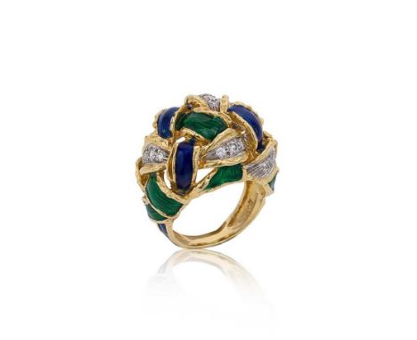 A late 20th century diamond and enamel cocktail ring, mark of Kutchinsky, bombé style with a woven design, graduated grain se