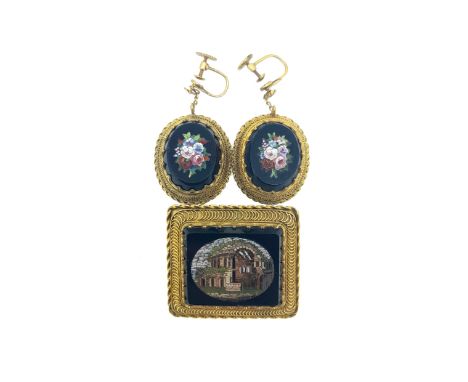A 19th Century micro mosaic brooch and ear pendants en suite, the brooch with rectangular black panel inset with coloured tes