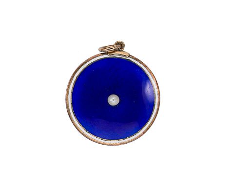 An early 20th century guilloché enamel pendant, of circular form with a central seed pearl, surrounded by vibrant blue guillo