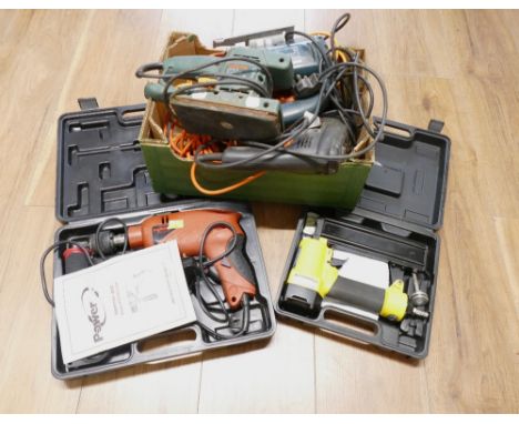 Box of Bosch and Black & Decker power tools, sander, jigsaw, drill, boxed Power Devil hammer drill and boxed Craft air nailer