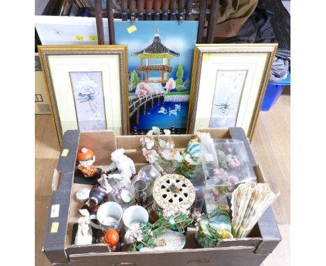 Box of Oriental inspired ceramics and ornaments including figurines, mineral stone, bonsai trees, pair of Foo dogs and three 