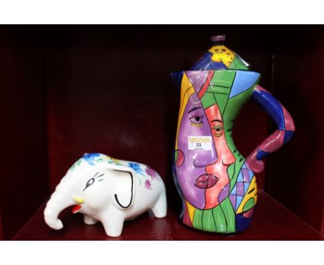 Picasso inspired coffee pot by Muzeum, 30 cm high, and Arthur Wood elephant form money box